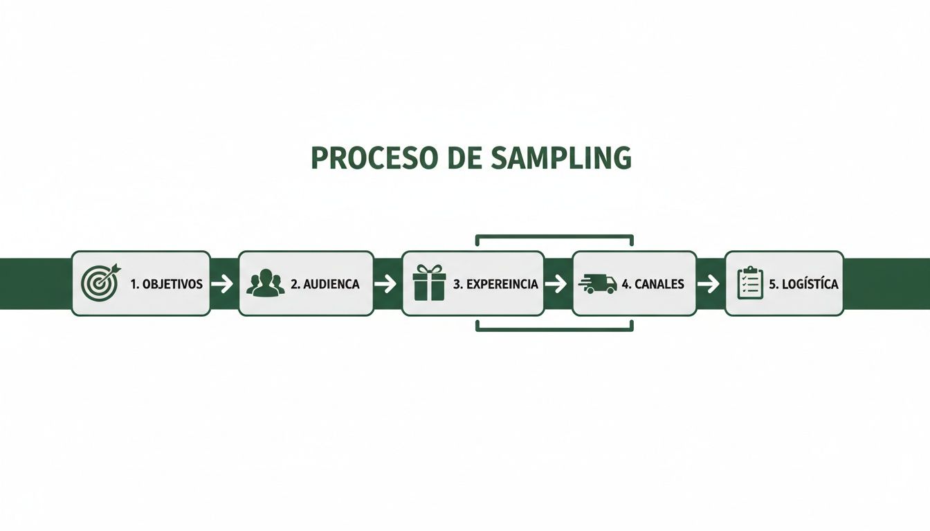 Diagrama de flujo del proceso de sampling con 5 pasos clave: objetivos, audiencia, experiencia, canales y logística.