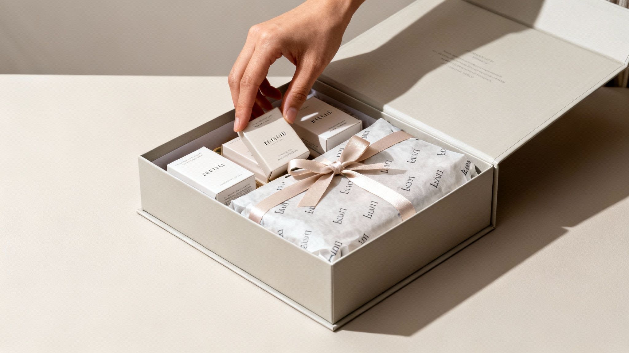 Mano colocando una pequeña caja en un elegante set de regalo con varios productos y un paquete envuelto con lazo.