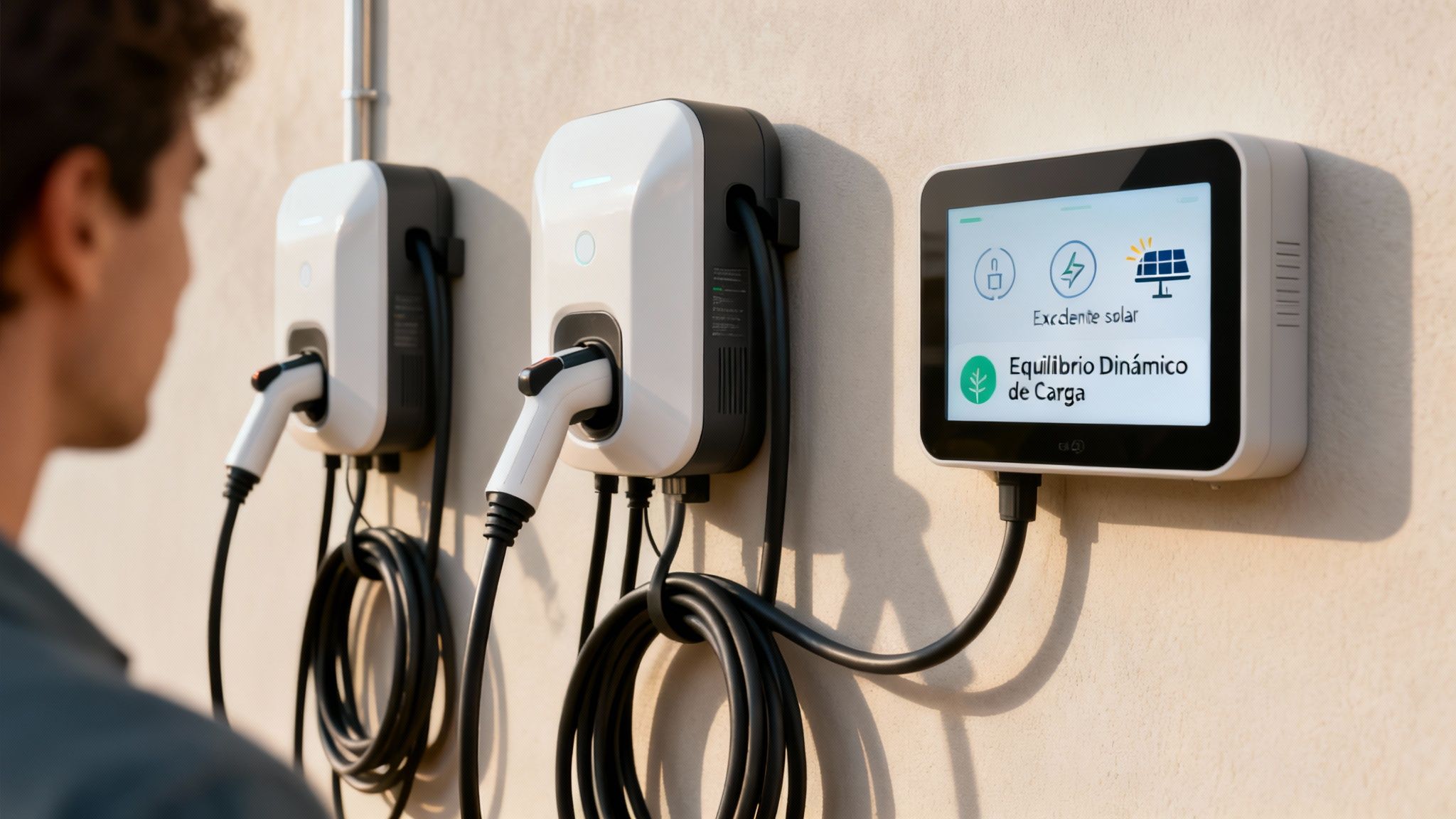 Un hombre mira dos cargadores de vehículos eléctricos en la pared con una pantalla de carga solar inteligente.