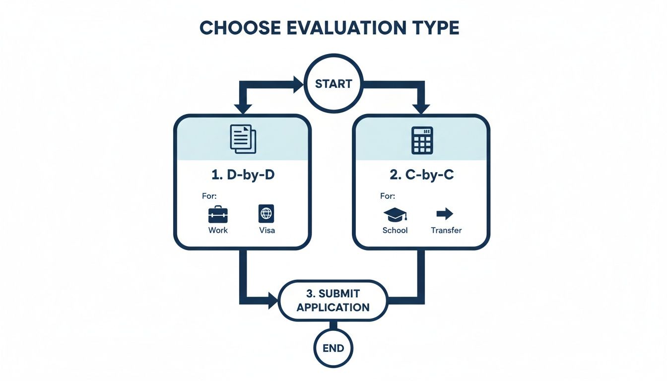 Flowchart for choosing an evaluation type: D-by-D for work/visa or C-by-C for school/transfer, leading to application submission.