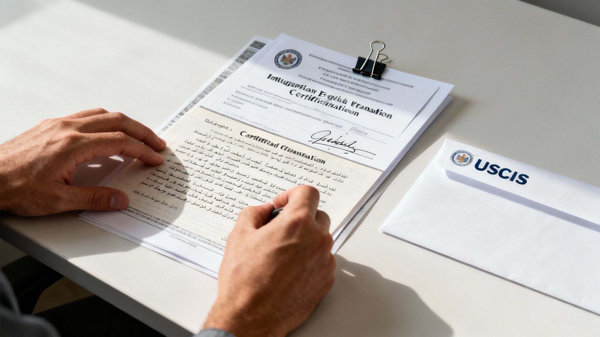 A person's hands reviewing a certified English translation document for USCIS, with an envelope.