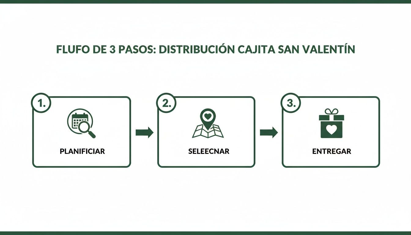 Diagrama de flujo de 3 pasos para la distribución de una cajita de San Valentín: Planificar, Seleccionar y Entregar.