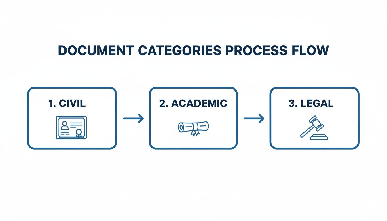 A clear process flow diagram illustrating three document categories: Civil, Academic, and Legal, with representative icons.