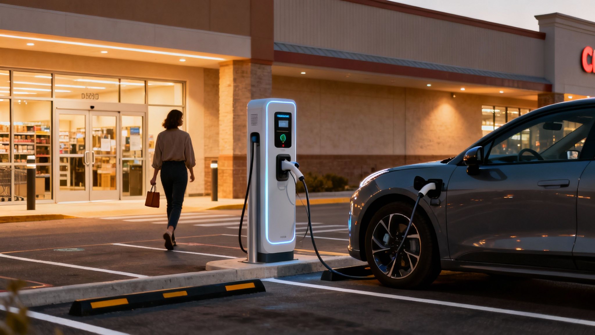 Mujer camina hacia tienda mientras coche eléctrico carga en estación, en un estacionamiento al anochecer.