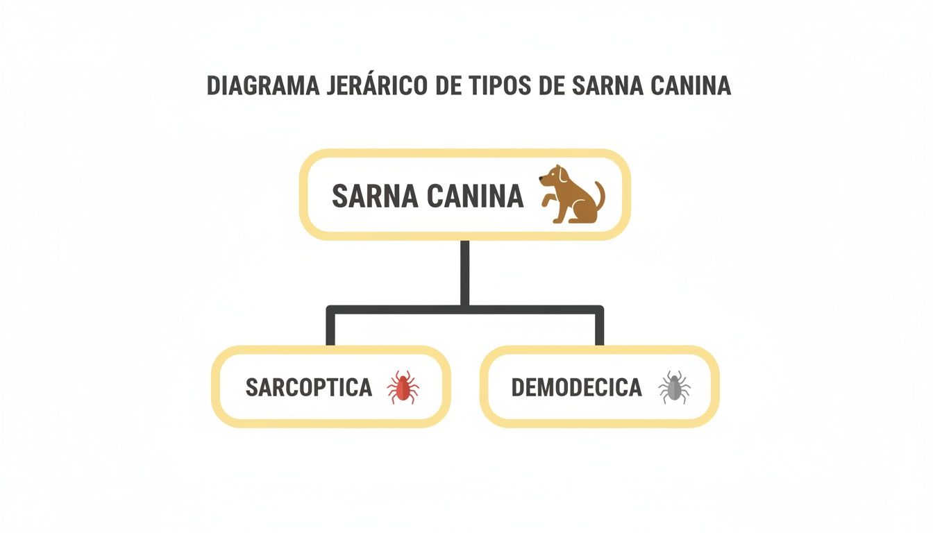 Diagrama jerárquico que ilustra los tipos de sarna canina: sarcóptica y demodécica, mostrando los ácaros responsables.