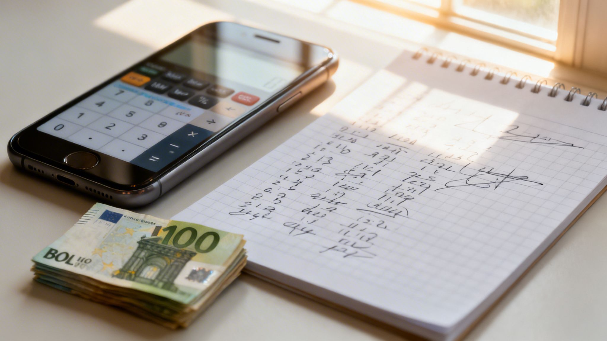 Teléfono con calculadora, cuaderno con números y billetes de 100 euros, ideal para contabilidad o finanzas personales.