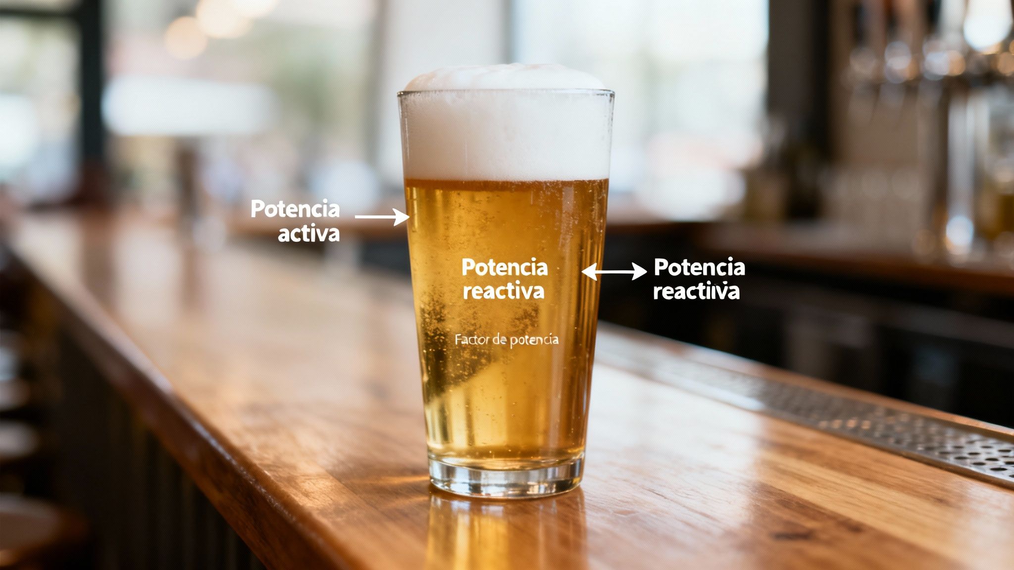 Vaso de cerveza en barra de bar ilustrando conceptos de potencia eléctrica: activa, reactiva y factor.