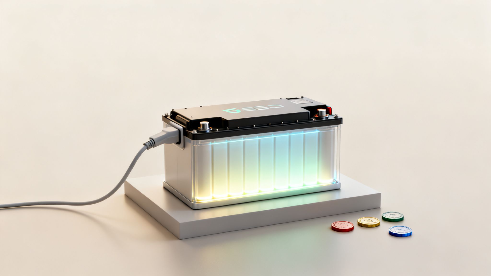 Batería de coche eléctrico cargándose con celdas de colores brillantes y fichas al lado.