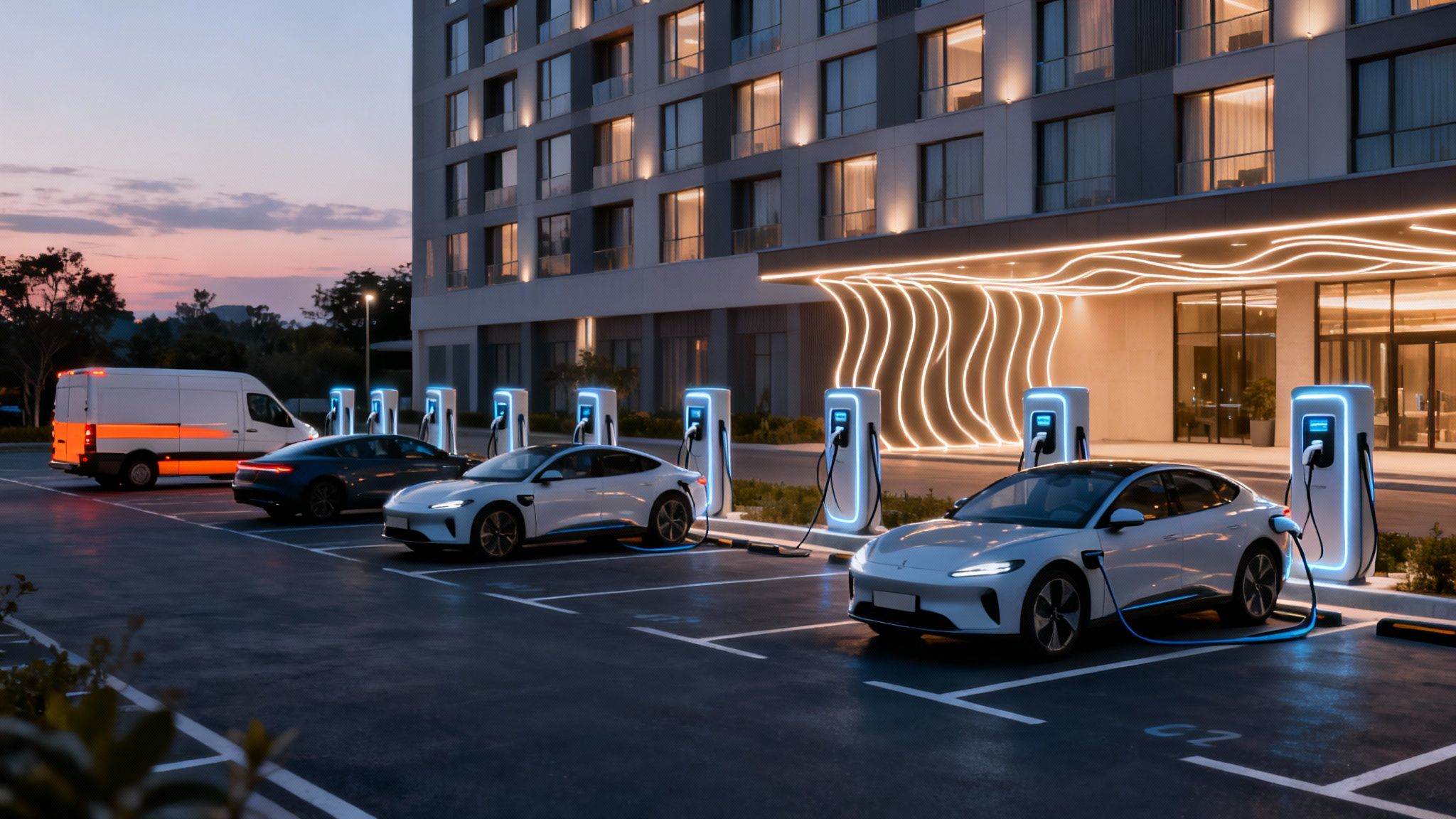 Estación de carga de vehículos eléctricos con varios coches enchufados frente a un hotel al anochecer.