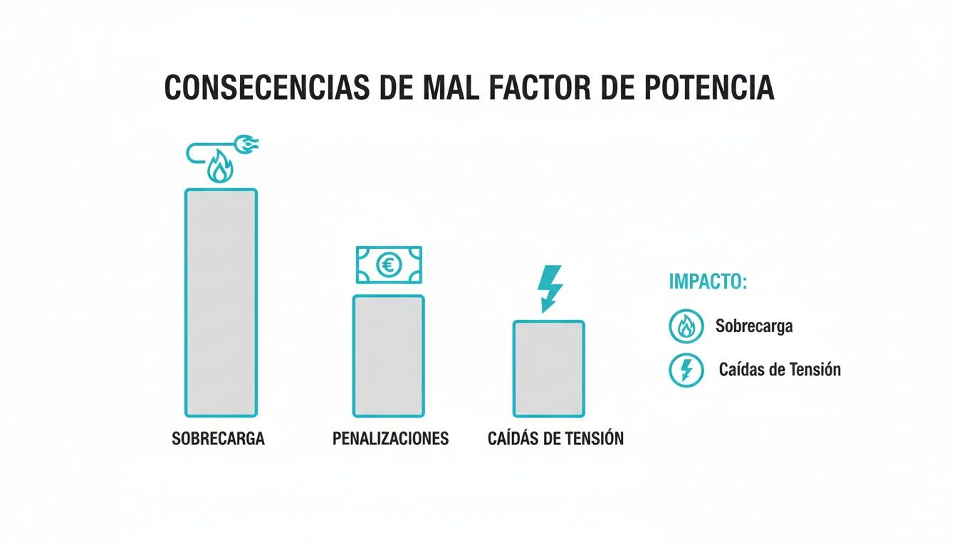 Gráfico de barras que muestra las consecuencias de un mal factor de potencia: sobrecarga, penalizaciones y caídas de tensión.