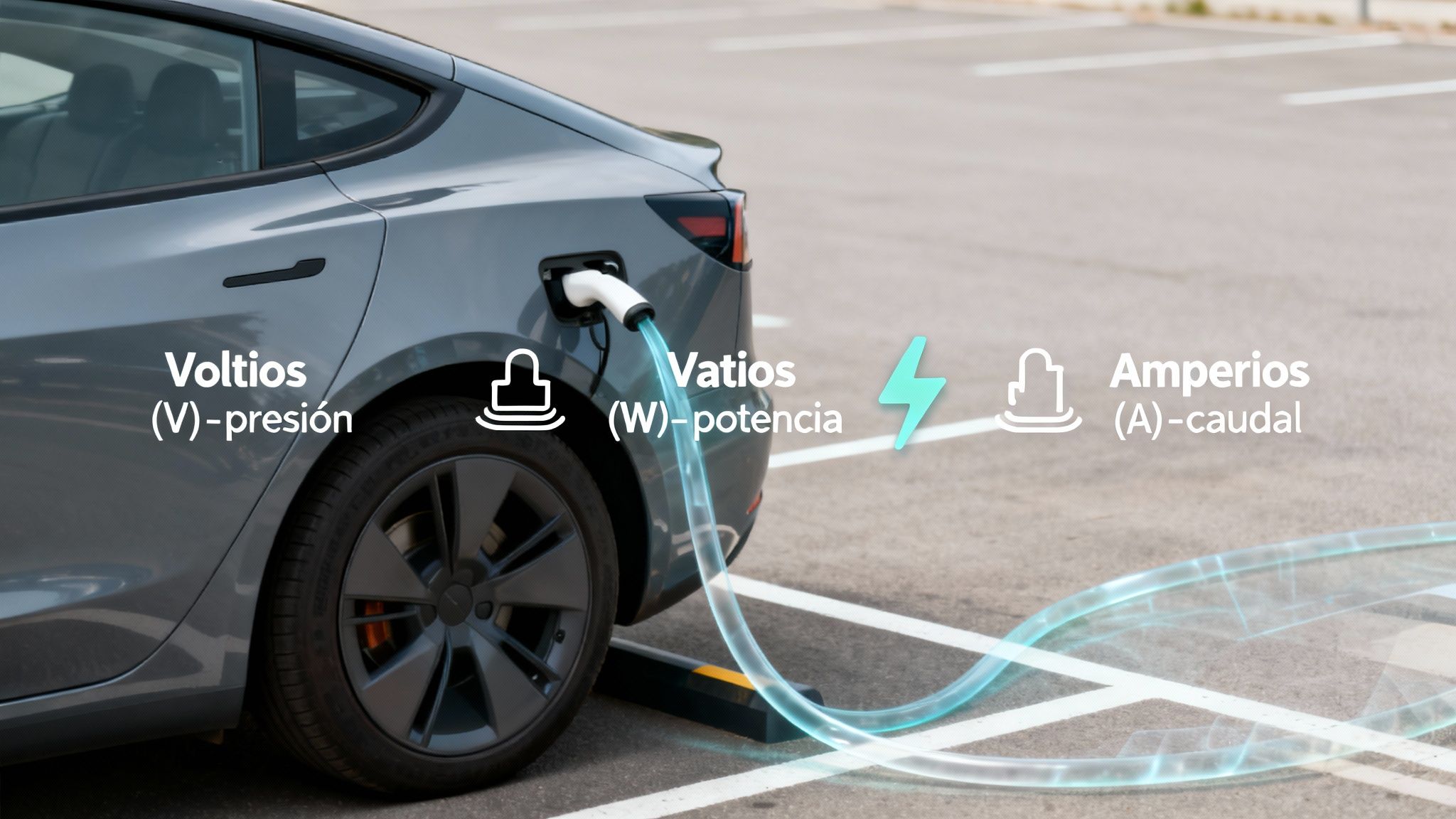 Coche eléctrico Tesla gris cargándose, con texto explicando Voltios (V), Vatios (W) y Amperios (A).