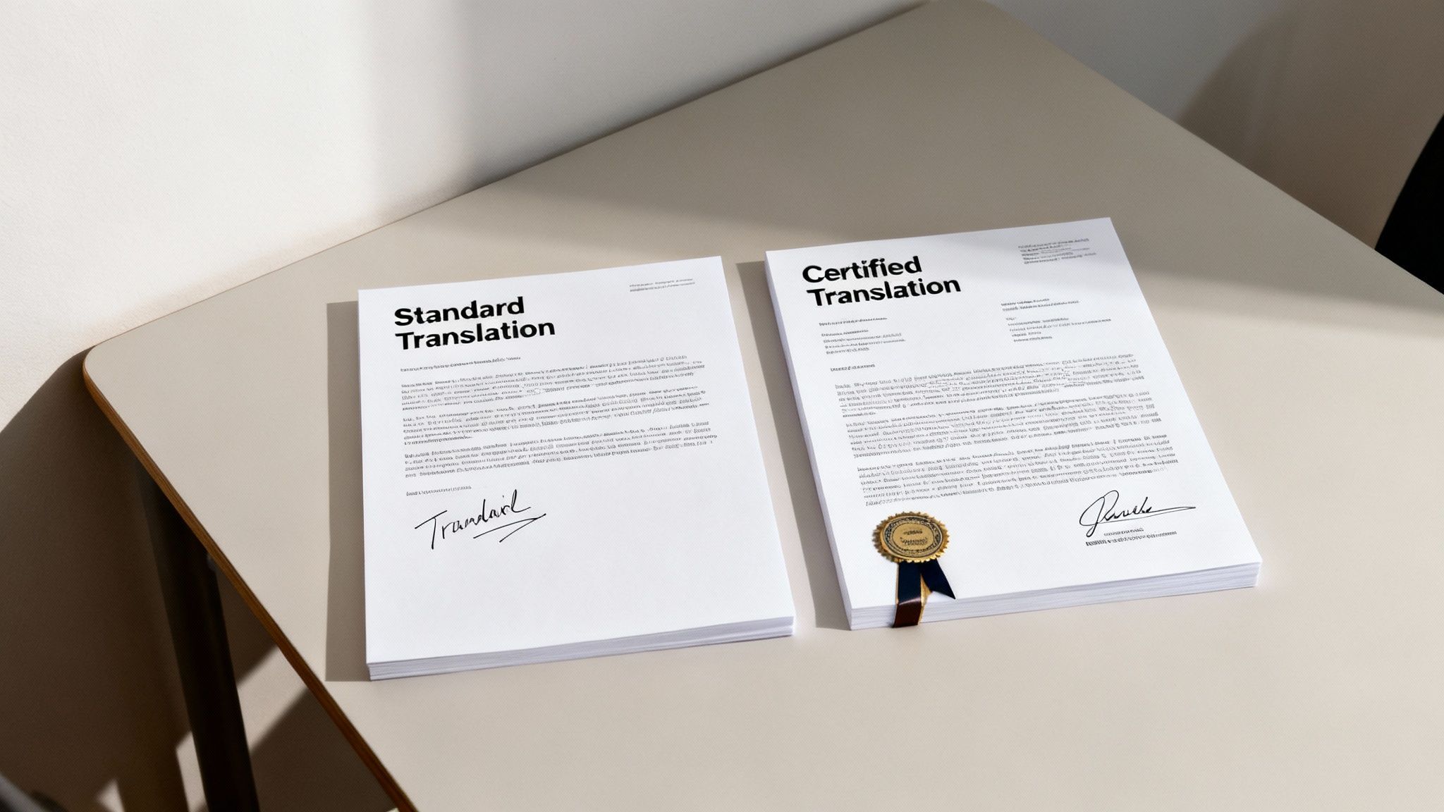 Two translation documents, one standard and one certified with a seal and ribbon, on a desk.