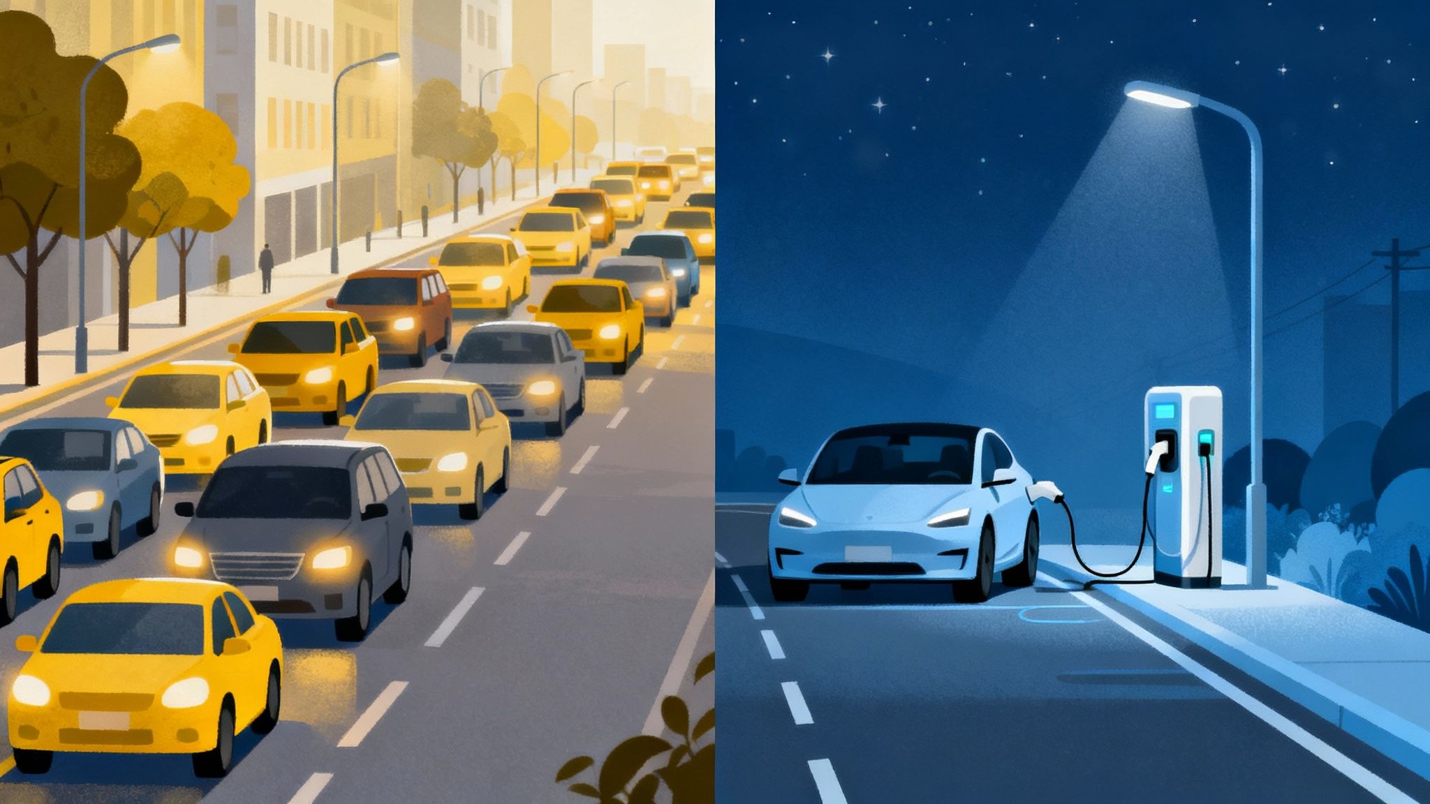 Ilustración de una calle con tráfico diurno y un coche eléctrico cargando de noche.