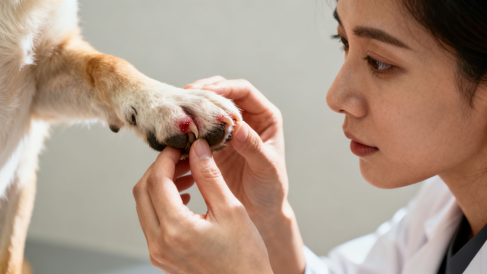 Una veterinaria examina de cerca la pata herida de un perro, revelando úlceras y rojez.