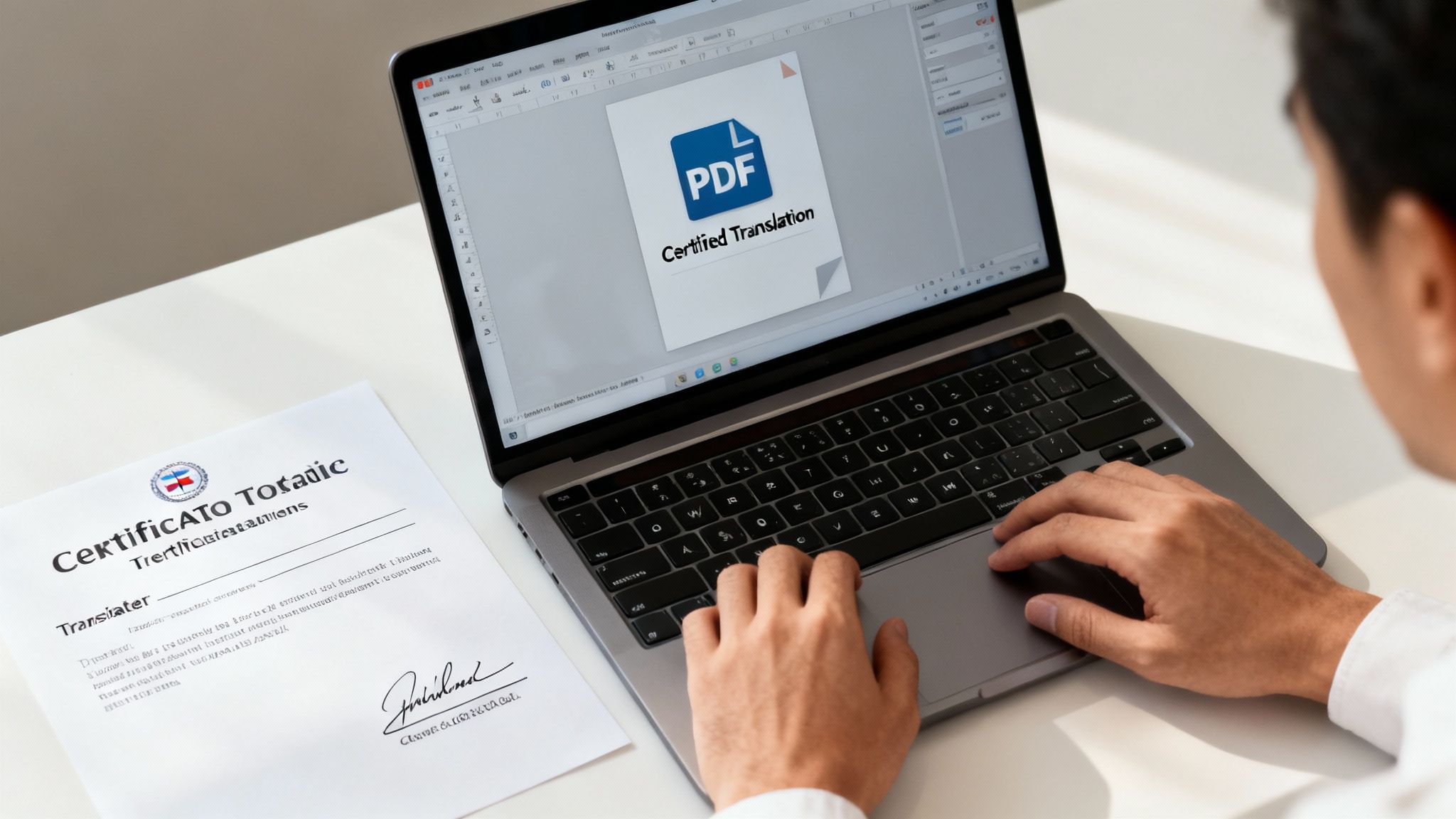Close-up of a person typing on a laptop, displaying a 'Certified Translation' PDF, next to a printed certificate.