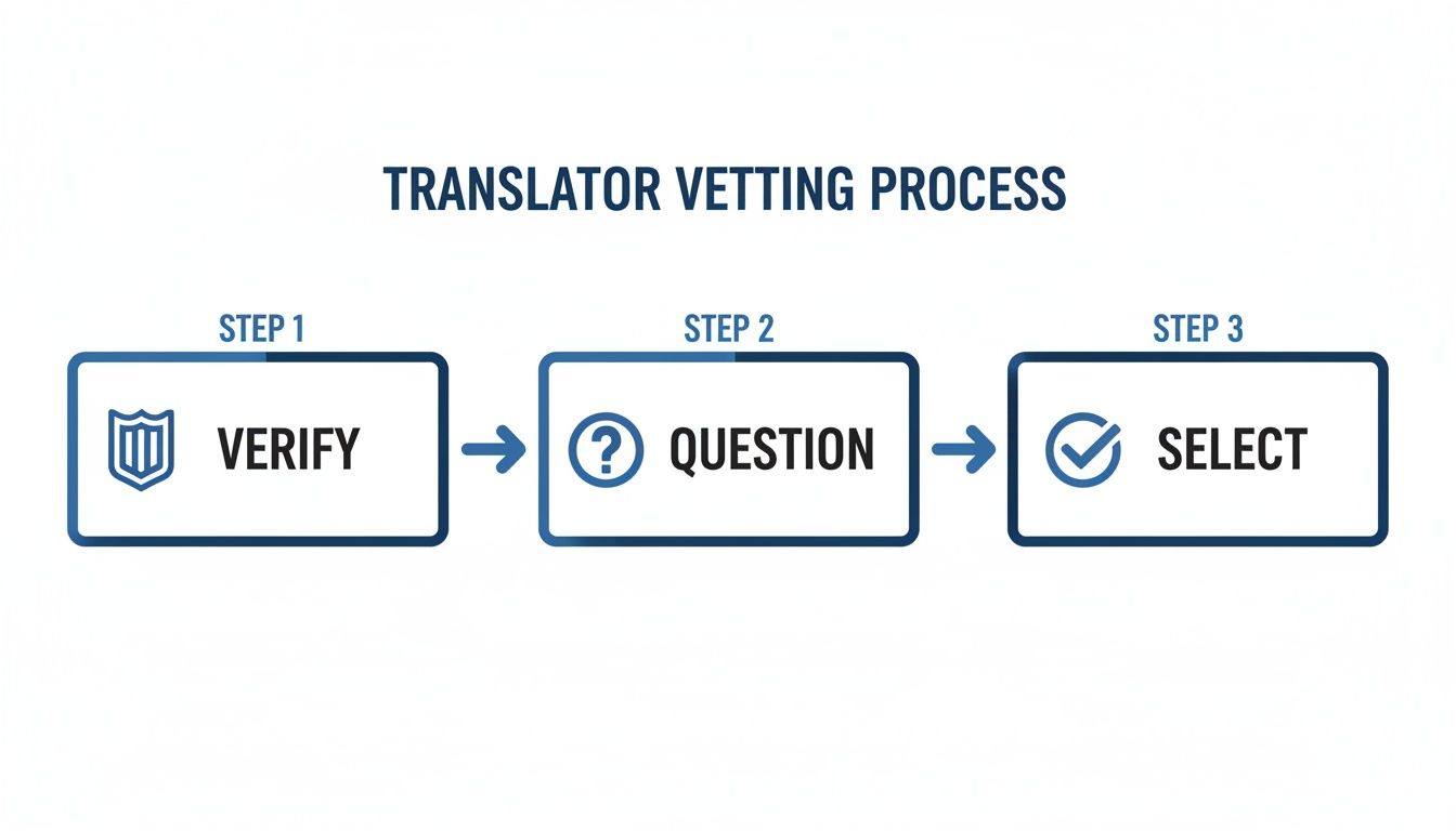 Diagram illustrating a three-step translator vetting process: verify, question, and select.