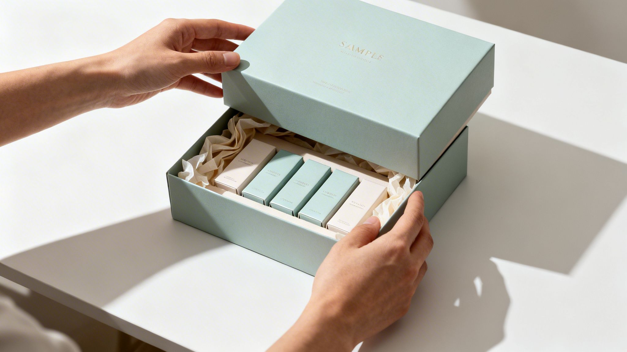 Manos abriendo una elegante caja verde claro con muestras de productos y papel de seda.