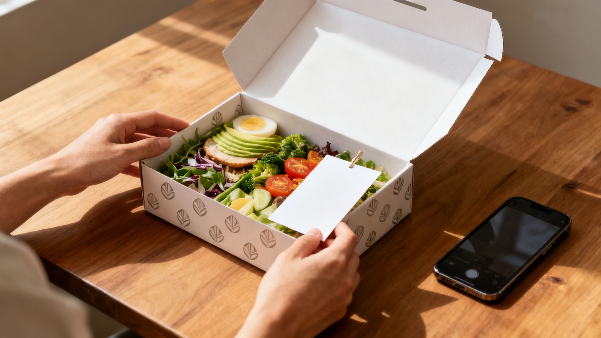 Una persona abre una caja de comida para llevar con una ensalada fresca que contiene aguacate, huevo y vegetales.