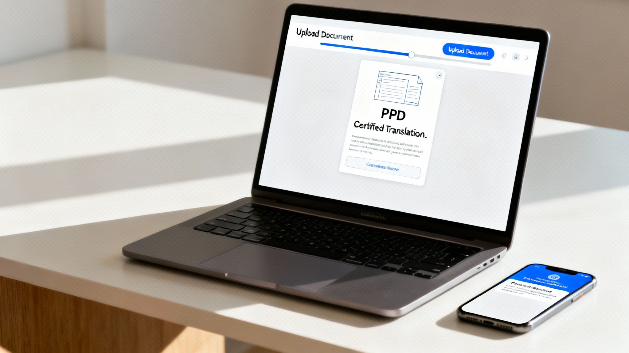 A laptop and smartphone on a desk, displaying an interface for PPD certified document translation.