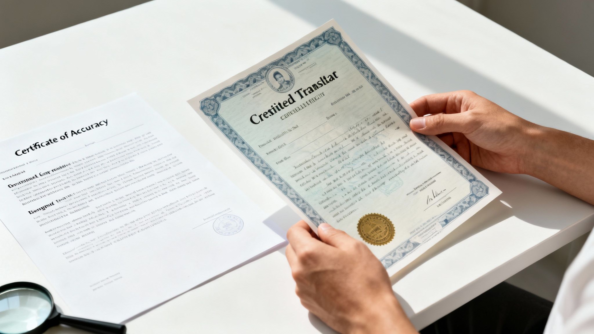 Hands hold a translated certificate, next to a 'Certificate of Accuracy' and a magnifying glass on a white table.