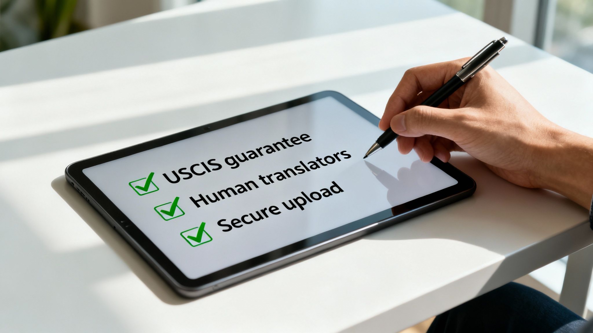A hand with a pen points at a tablet showing a checklist for a certified translation service.