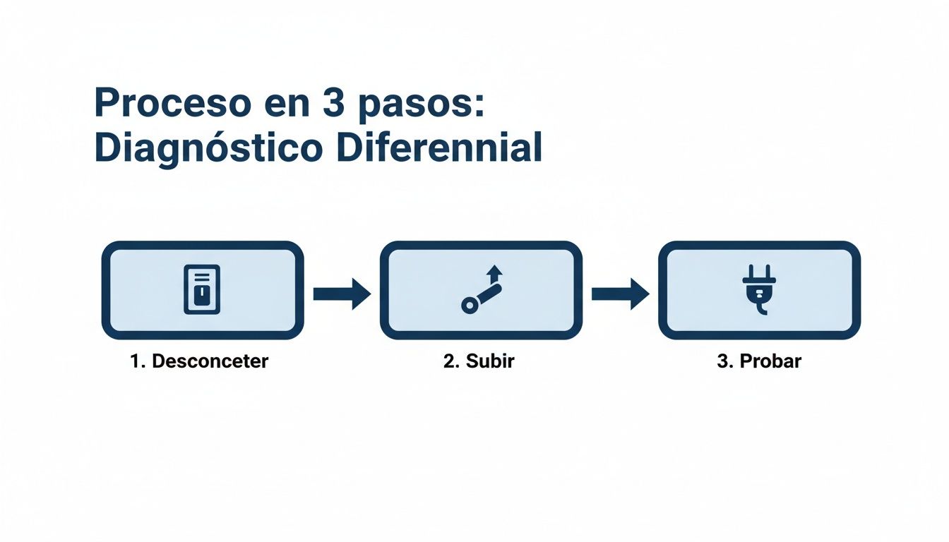 Diagrama de un proceso en 3 pasos para diagnóstico diferencial: desconectar, subir y probar.