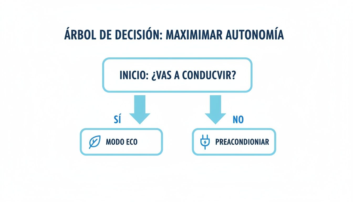 Diagrama de flujo para maximizar la autonomía de un coche eléctrico: ¿vas a conducir? Sí, Modo Eco; No, Preacondicionar.