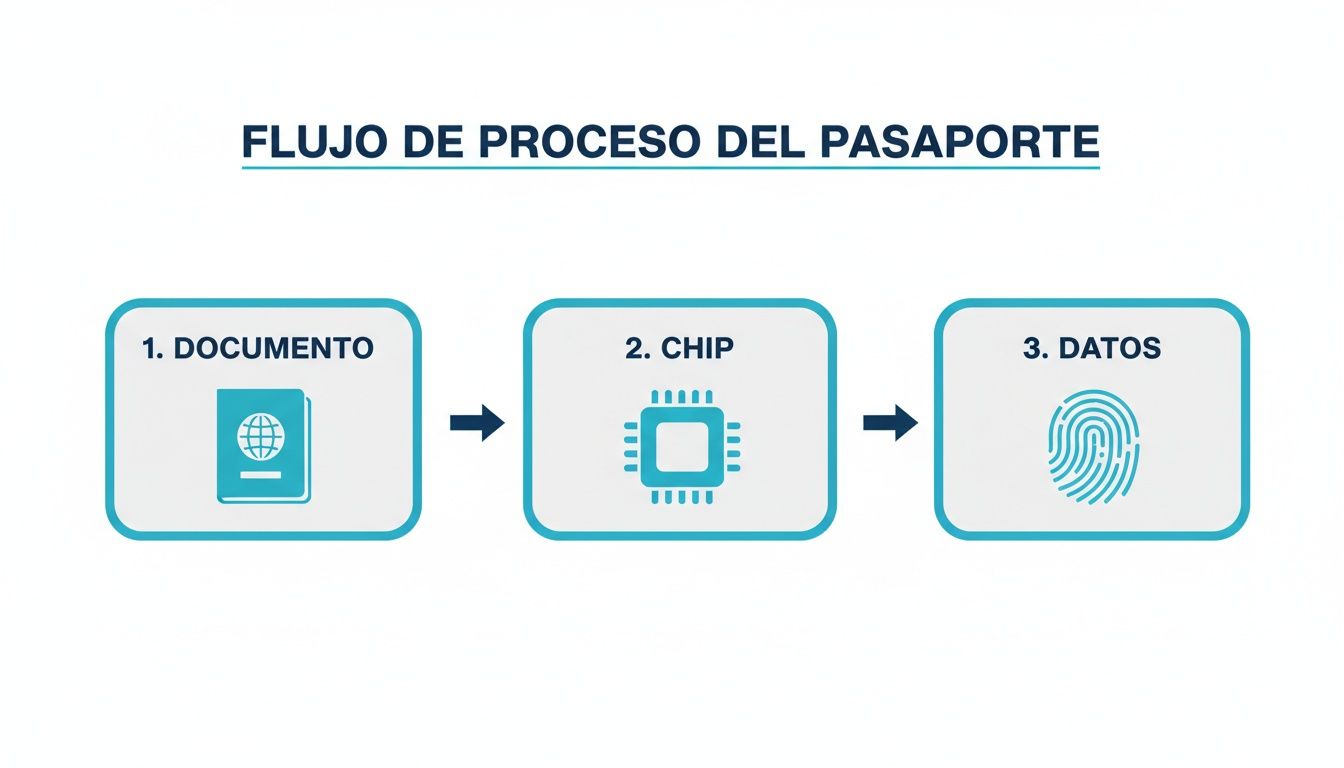 Diagrama de flujo que ilustra el proceso de emisión de un pasaporte, mostrando documento, chip y datos biométricos.