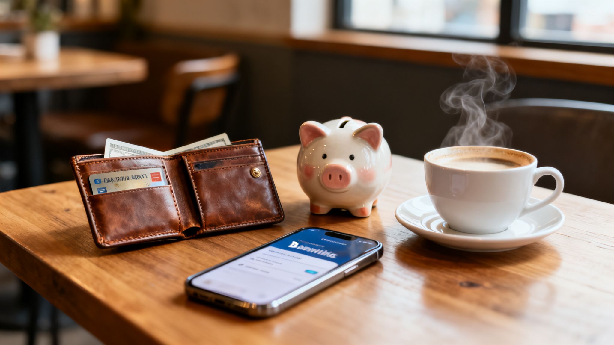 Billetera con dinero, hucha, celular con app bancaria y café humeante en mesa de madera.