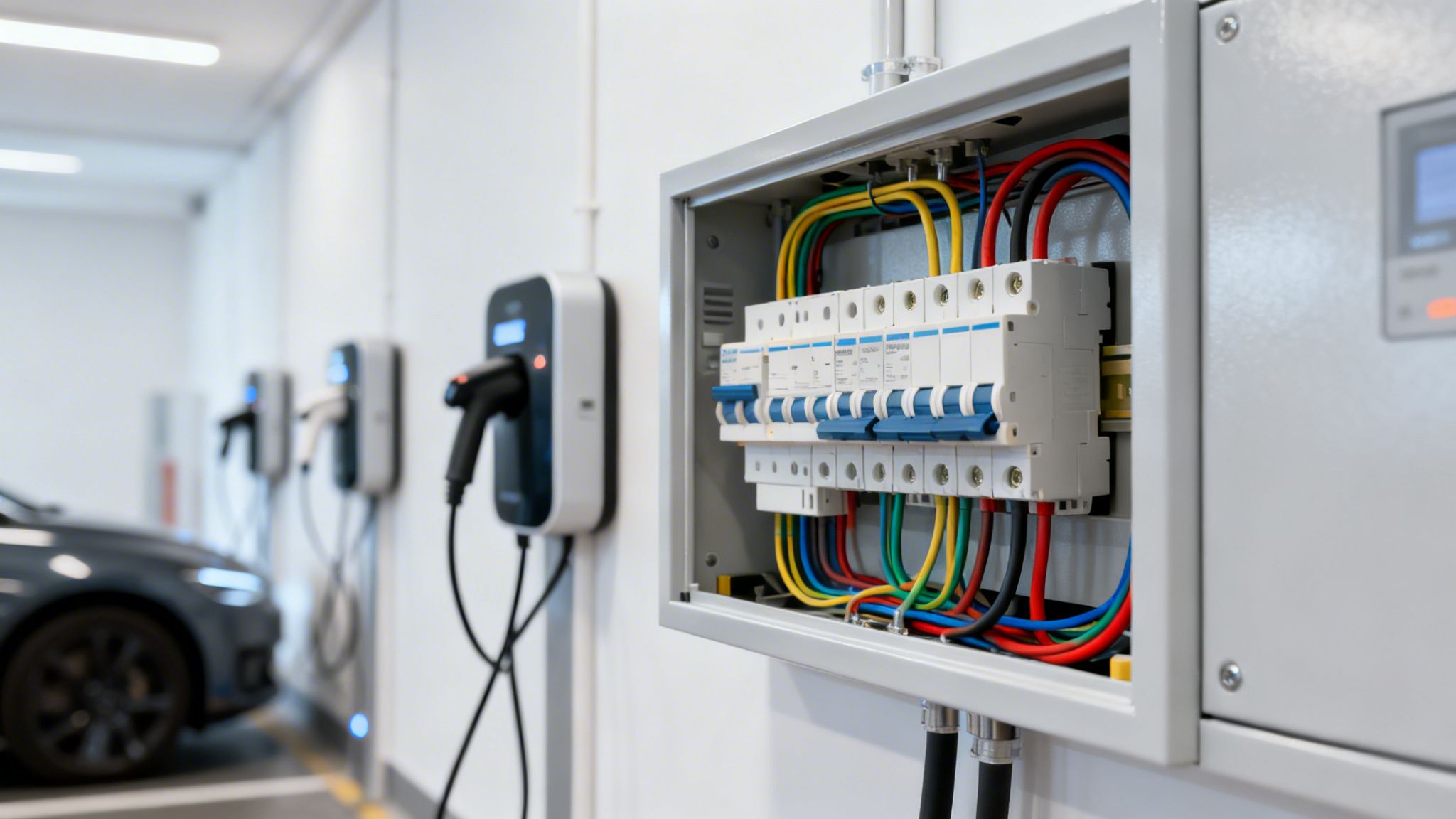 Cuadro eléctrico abierto con disyuntores y cables, junto a cargadores de vehículos eléctricos en un aparcamiento.