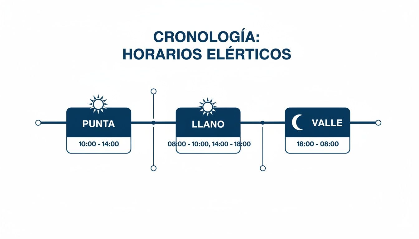 Cronología de horarios eléctricos: Punta (10:00-14:00), Llano (08:00-10:00, 14:00-18:00) y Valle (18:00-08:00).