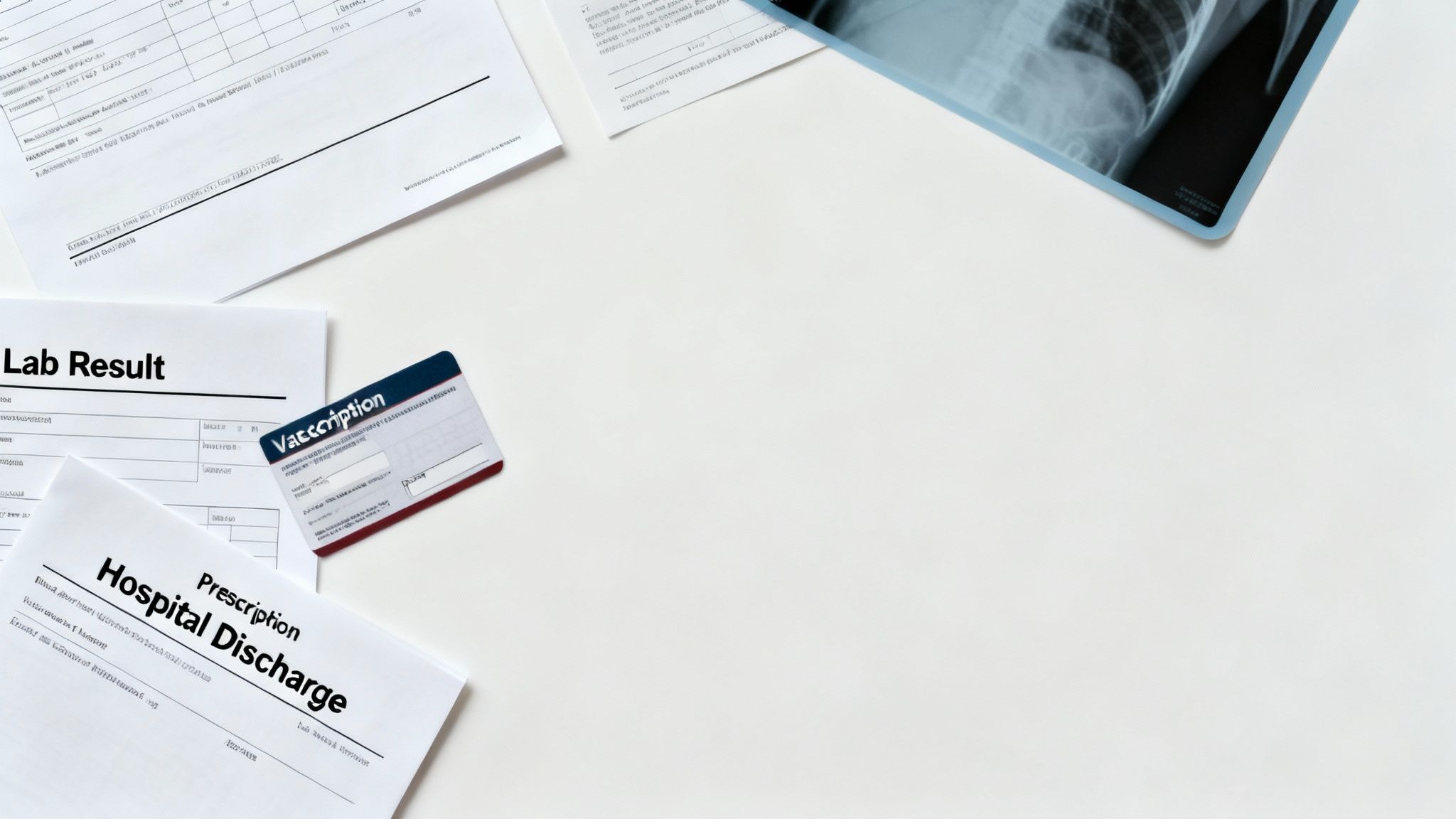 A flat lay of medical documents including lab results, hospital discharge, a vaccination card, and an X-ray on a white surface.