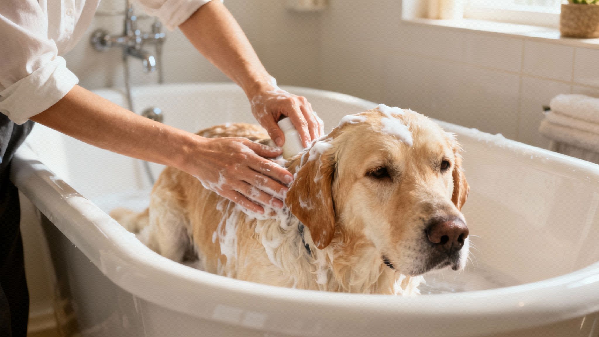 Una persona baña a un golden retriever con champú hipoalergénico en una bañera, creando abundante espuma.