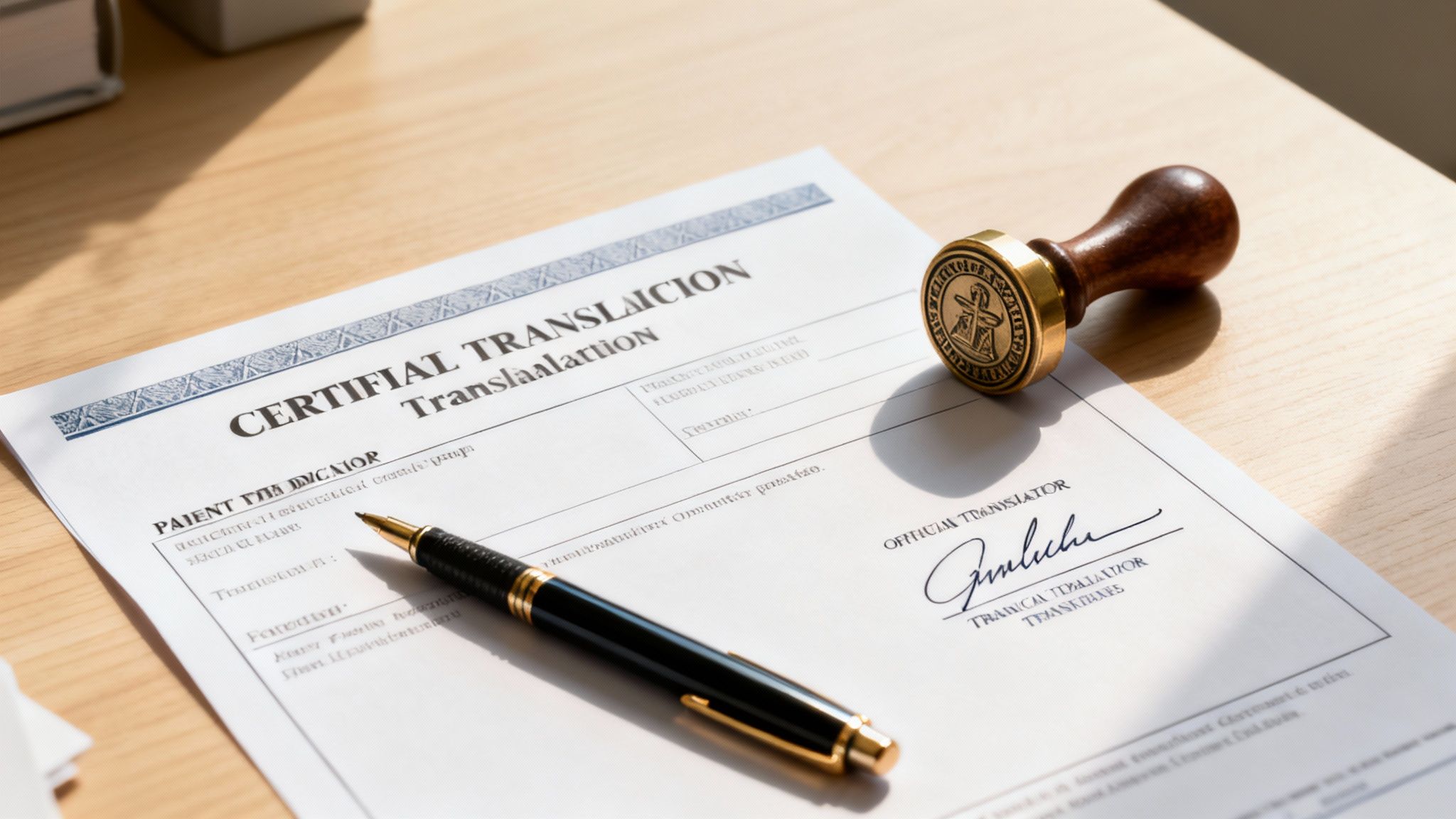 A certified translation document on a wooden desk with a pen and a golden wax seal stamp.