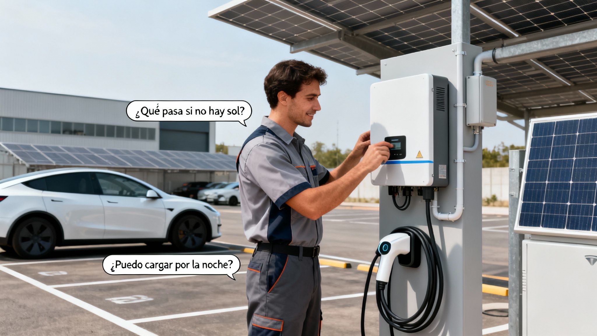 Hombre ajusta estación de carga solar para vehículos eléctricos con coche blanco en un estacionamiento.