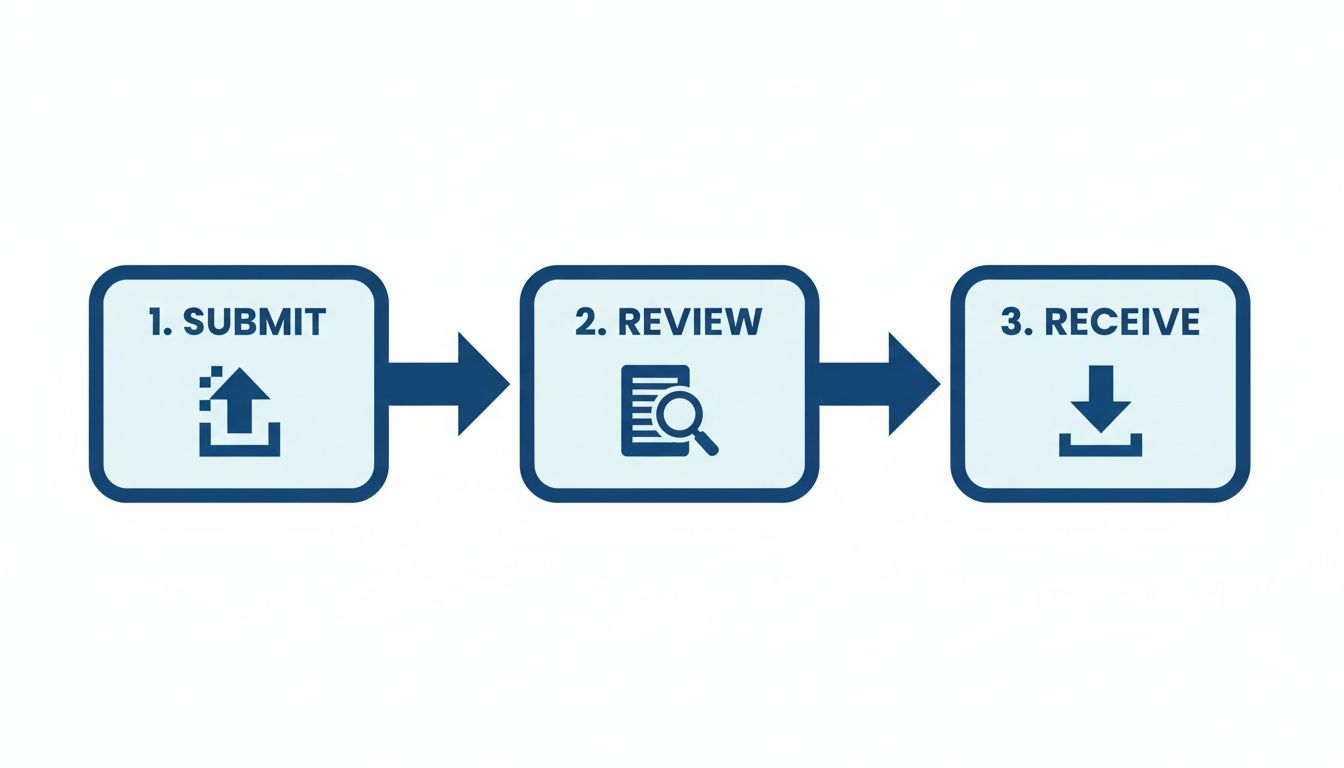 Three-step process diagram: 1. Submit (upload icon), 2. Review (document icon), 3. Receive (download icon).