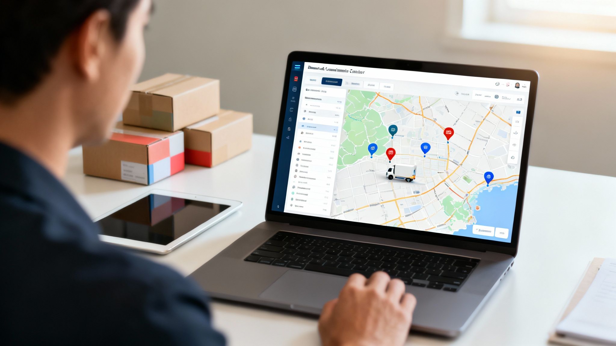 Hombre usando laptop con mapa de seguimiento de entregas y cajas de paquetería sobre una mesa.