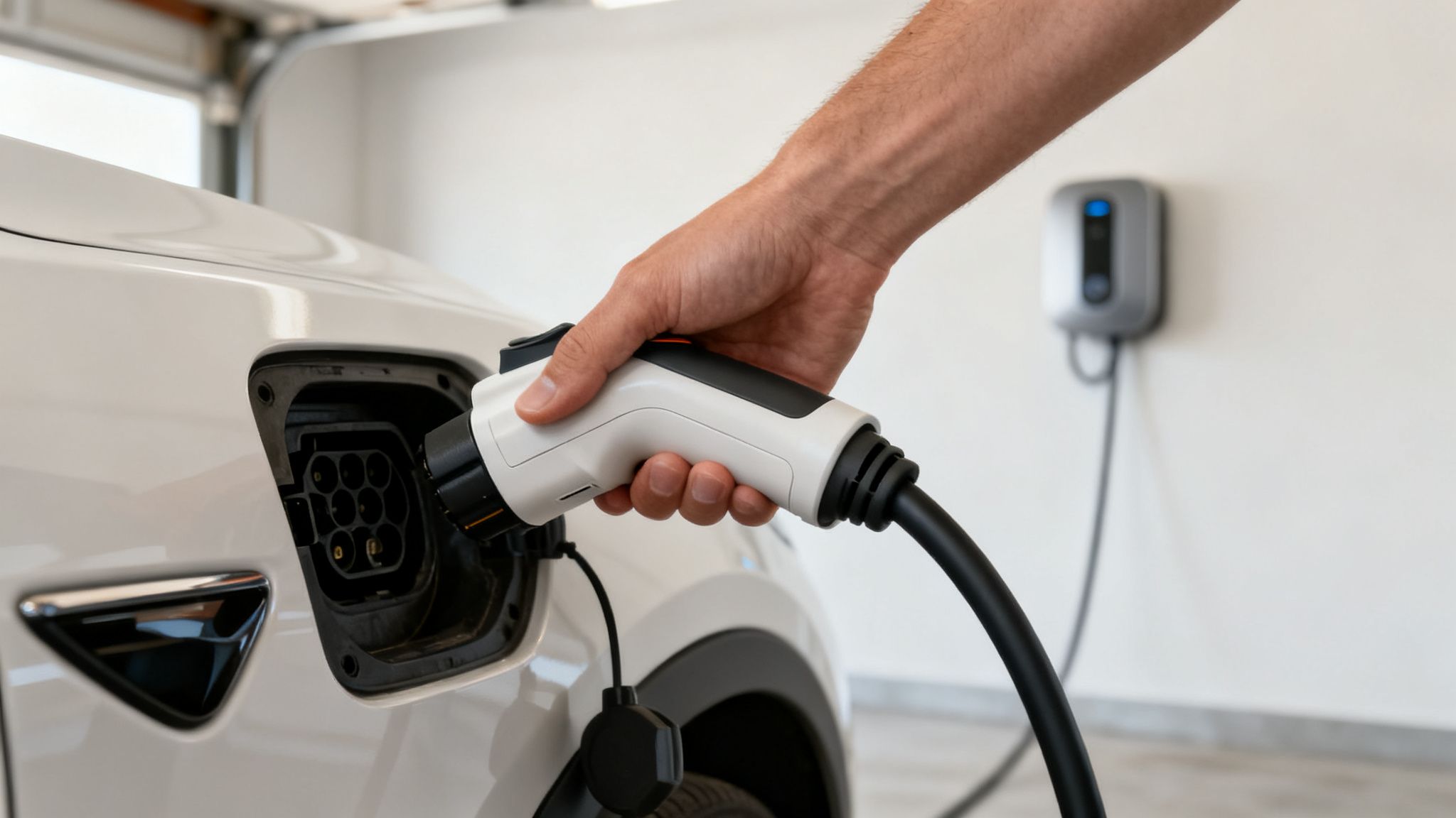 Mano de persona conectando un cargador a un coche eléctrico blanco en el garaje de casa. Estación de carga.