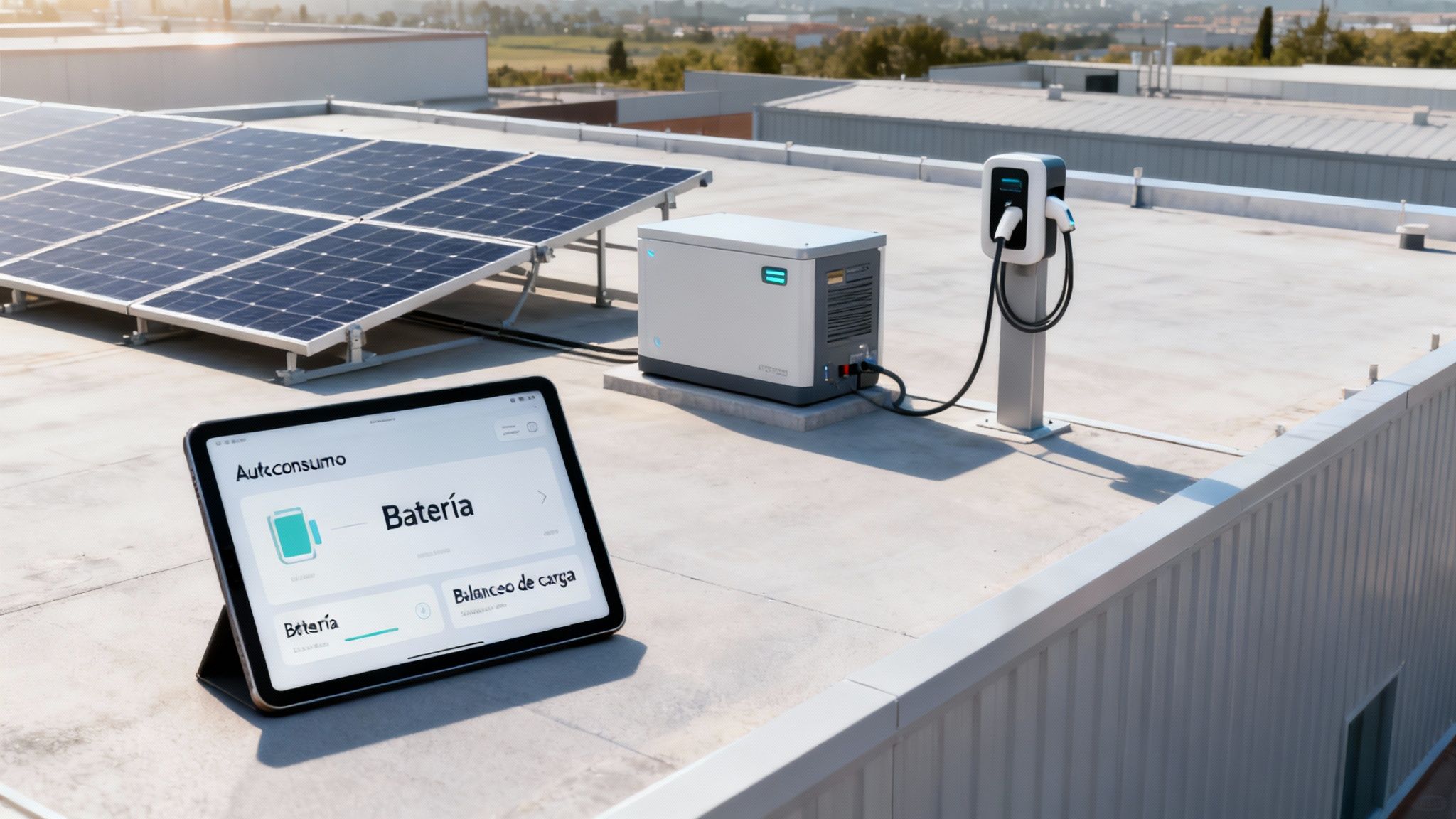 Paneles solares, sistema de almacenamiento de energía y cargador de vehículos eléctricos en azotea con tablet mostrando monitoreo de batería.