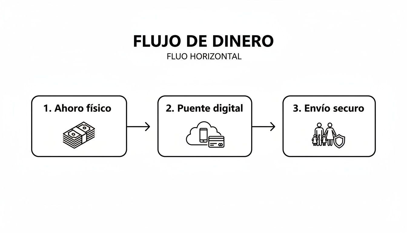 Diagrama de flujo de dinero horizontal: ahorro físico, puente digital con móvil y tarjeta, y envío seguro con familia y escudo.