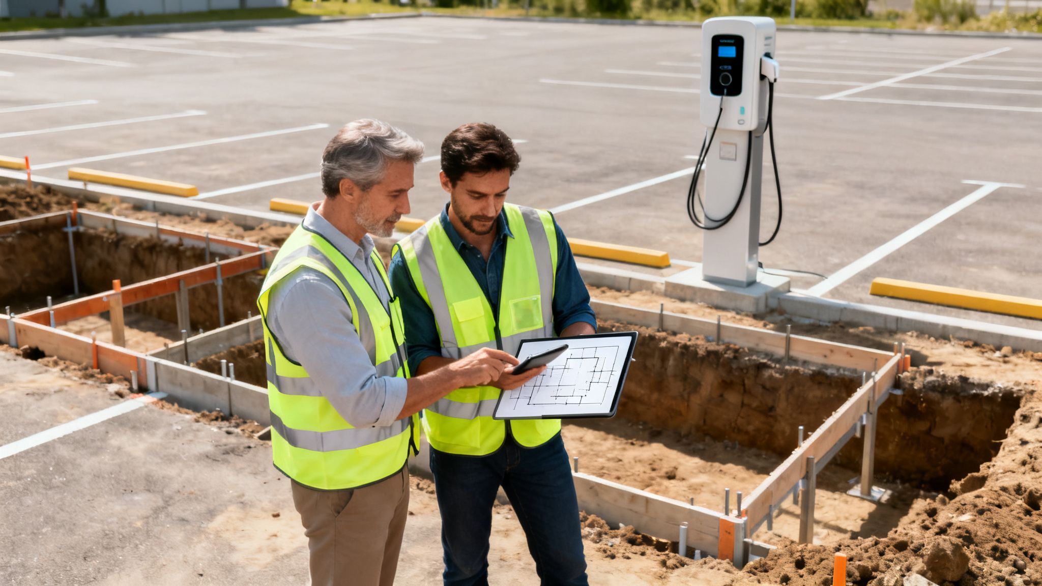 Dos hombres con chalecos de seguridad revisan planos y una tableta en una obra de instalación de cargadores de coches eléctricos.