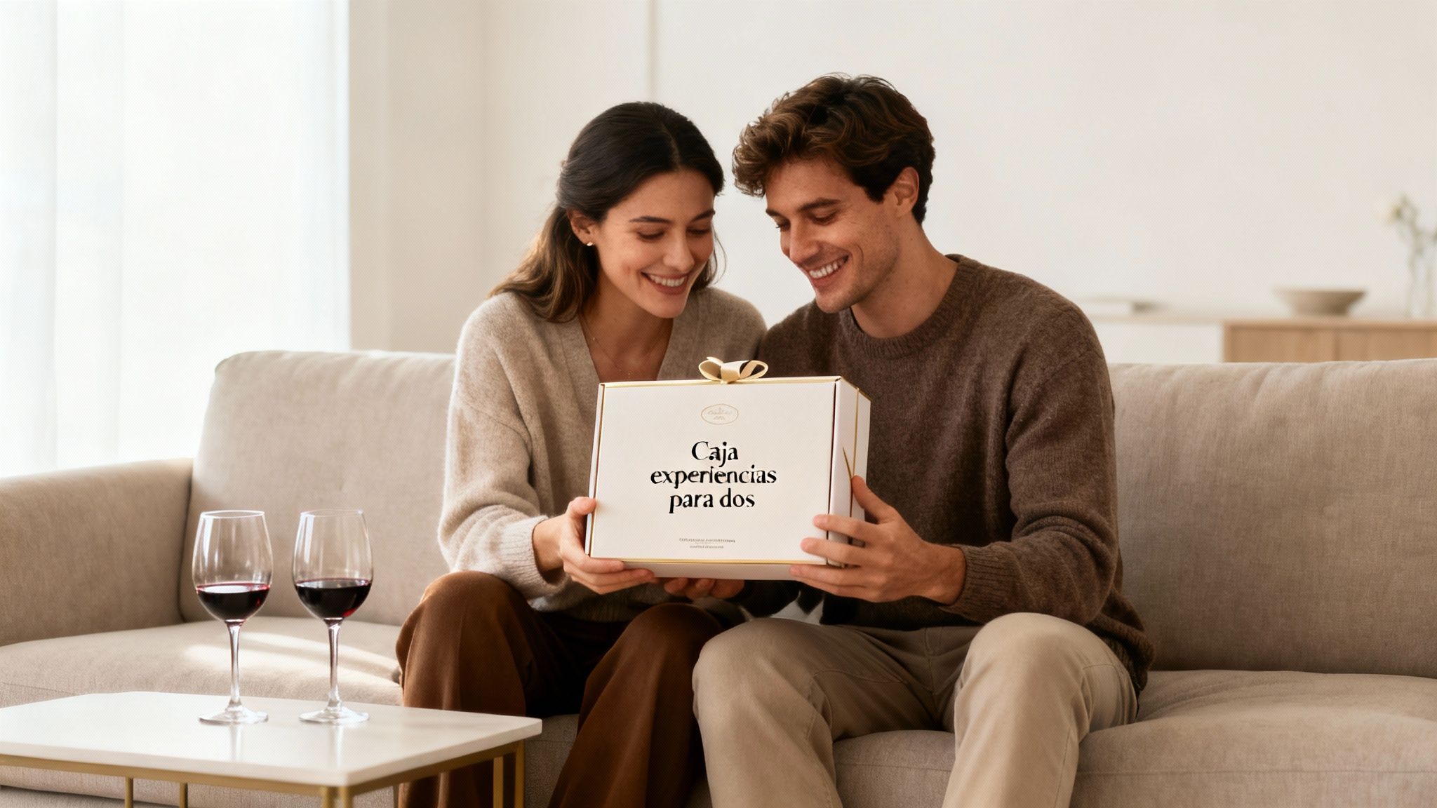 Pareja sonriente en el sofá sosteniendo una caja de regalo 'Caja experiencias para dos' con dos copas de vino.