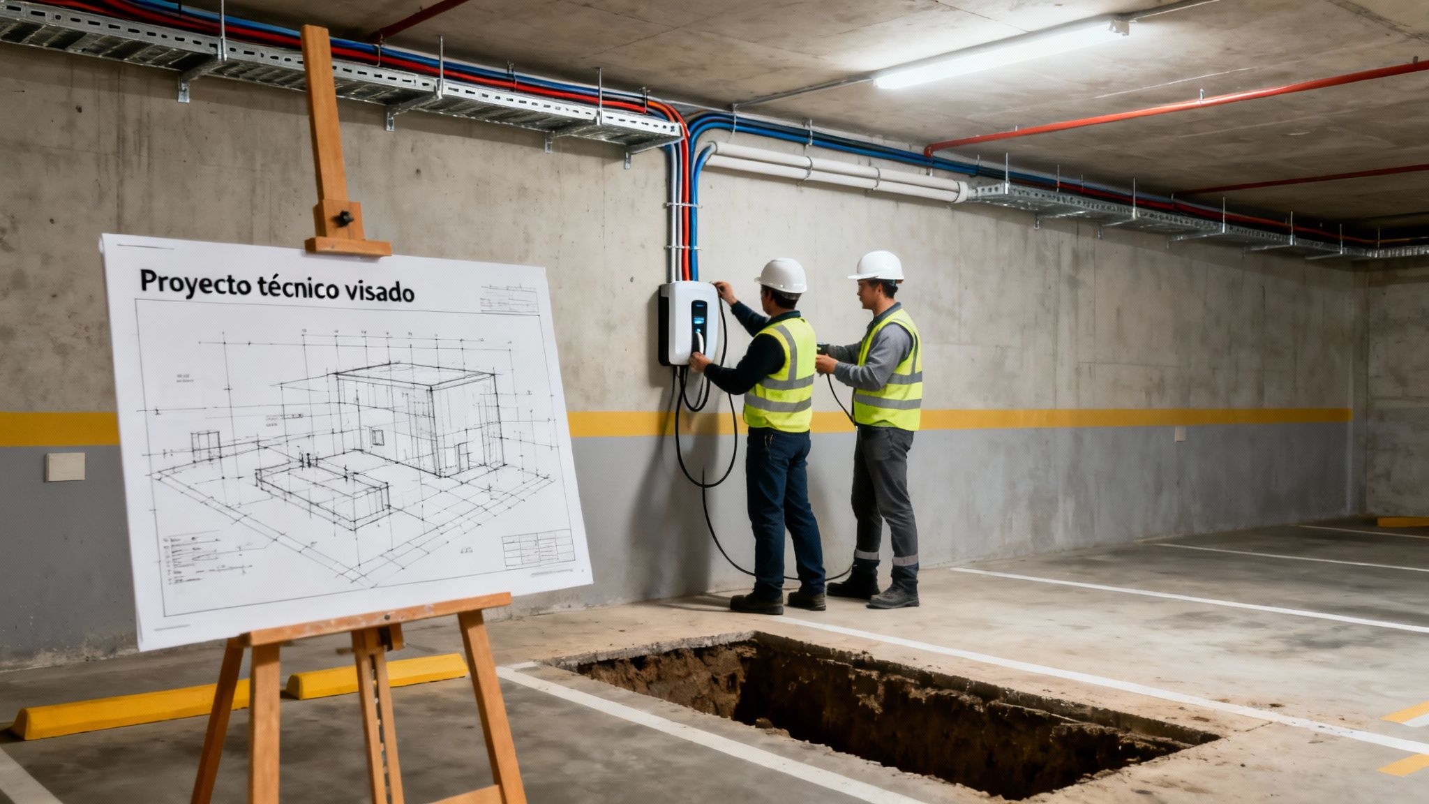 Dos ingenieros instalan un punto de recarga para coches eléctricos en un garaje subterráneo, con un plano técnico a la vista.