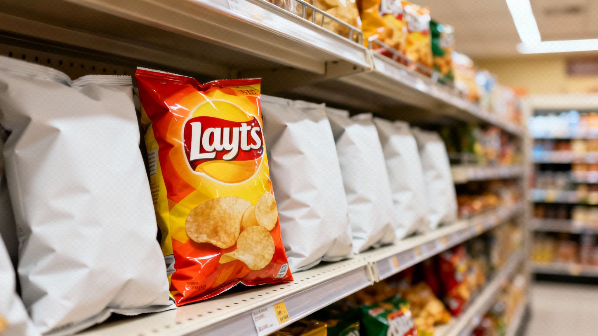Bolsa de papas fritas Lay's en un estante de supermercado, rodeada de otras bolsas blancas genéricas.