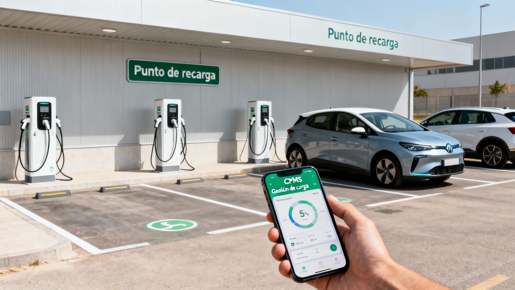 Estación de carga de vehículos eléctricos moderna con varios cargadores, coches y una aplicación móvil.