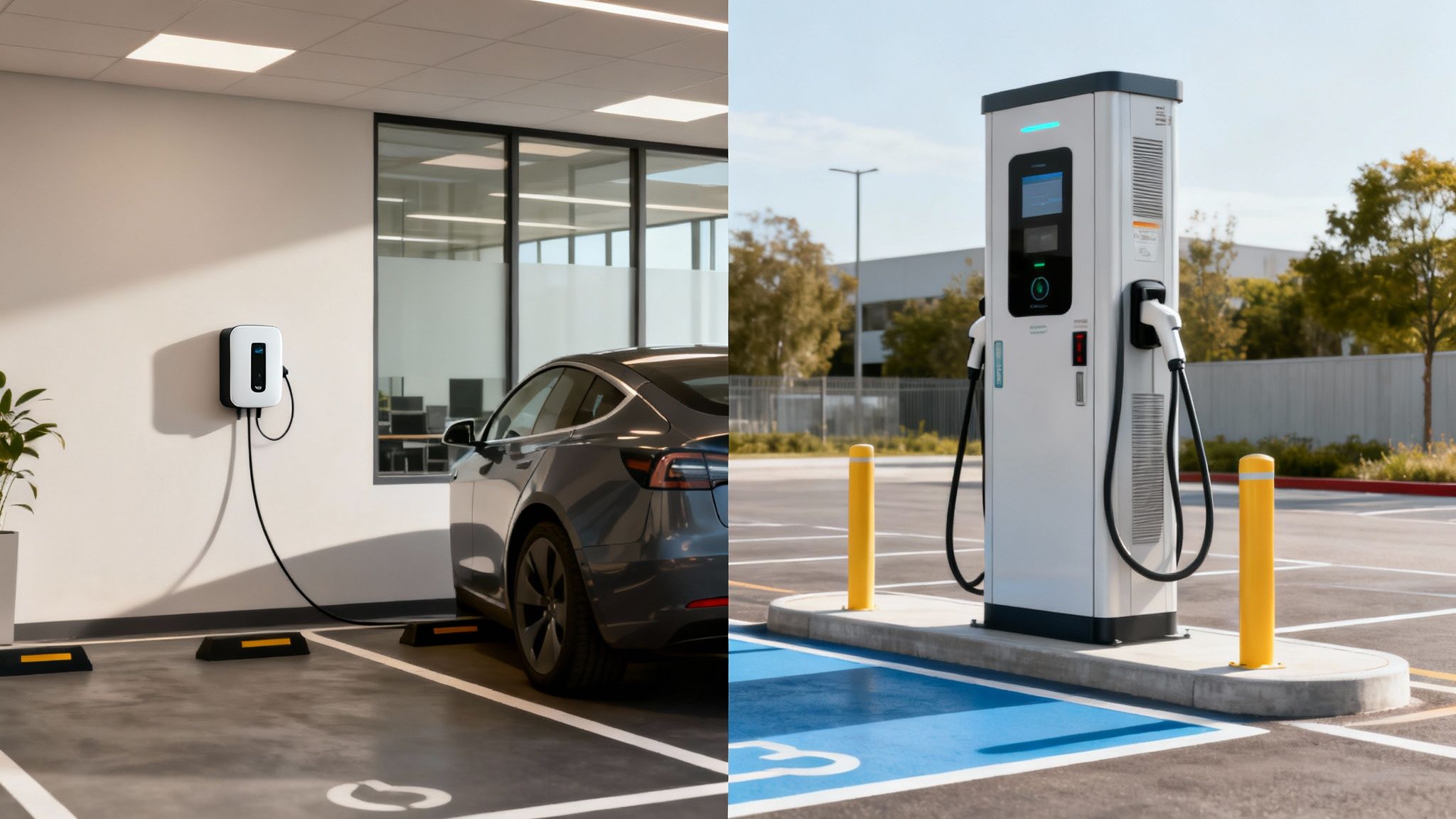 Estaciones de carga para vehículos eléctricos: una en garaje interior y otra de carga rápida exterior.