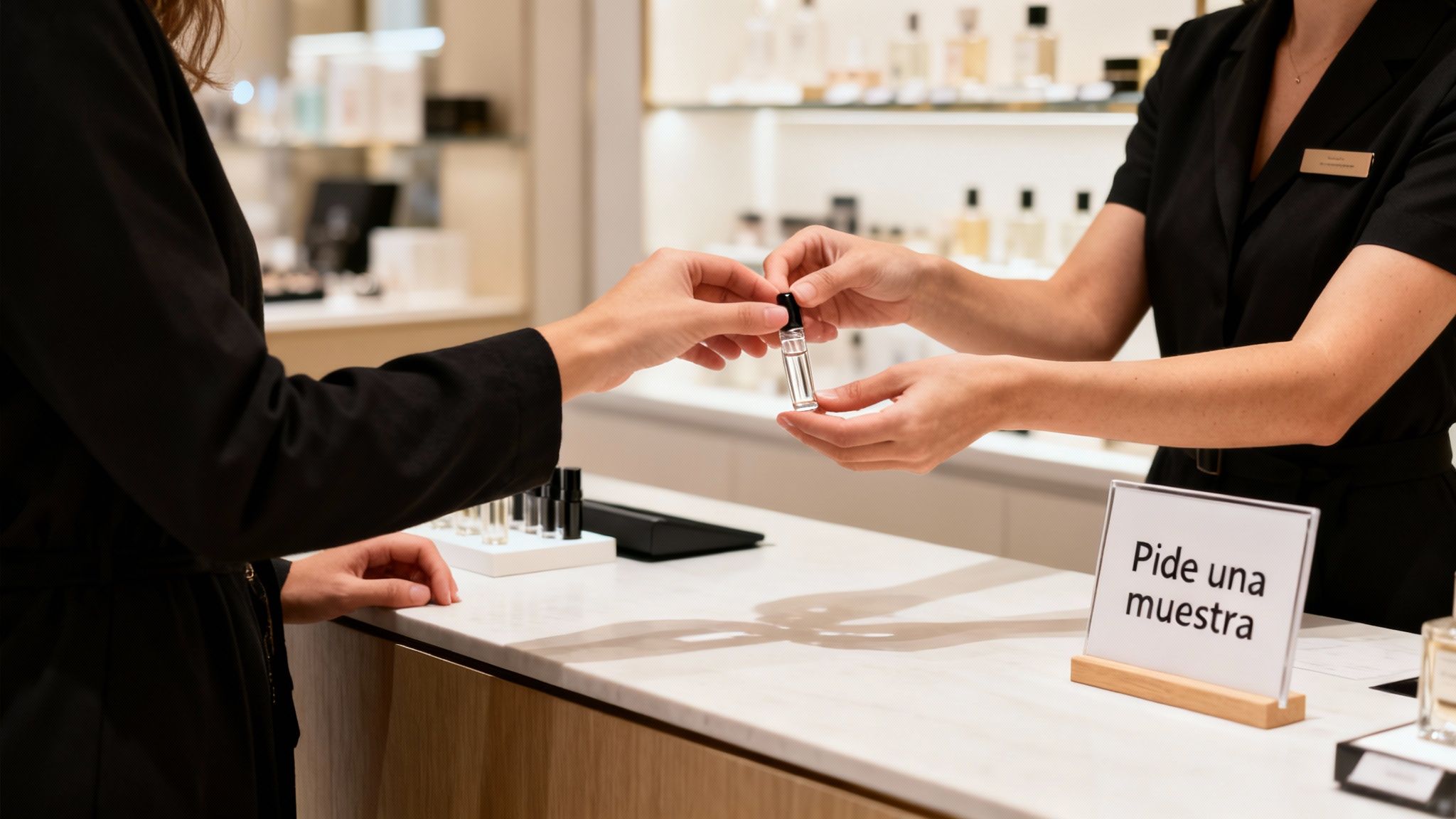 Asistente de tienda ofrece una muestra gratuita de perfume a un cliente en una tienda de lujo.