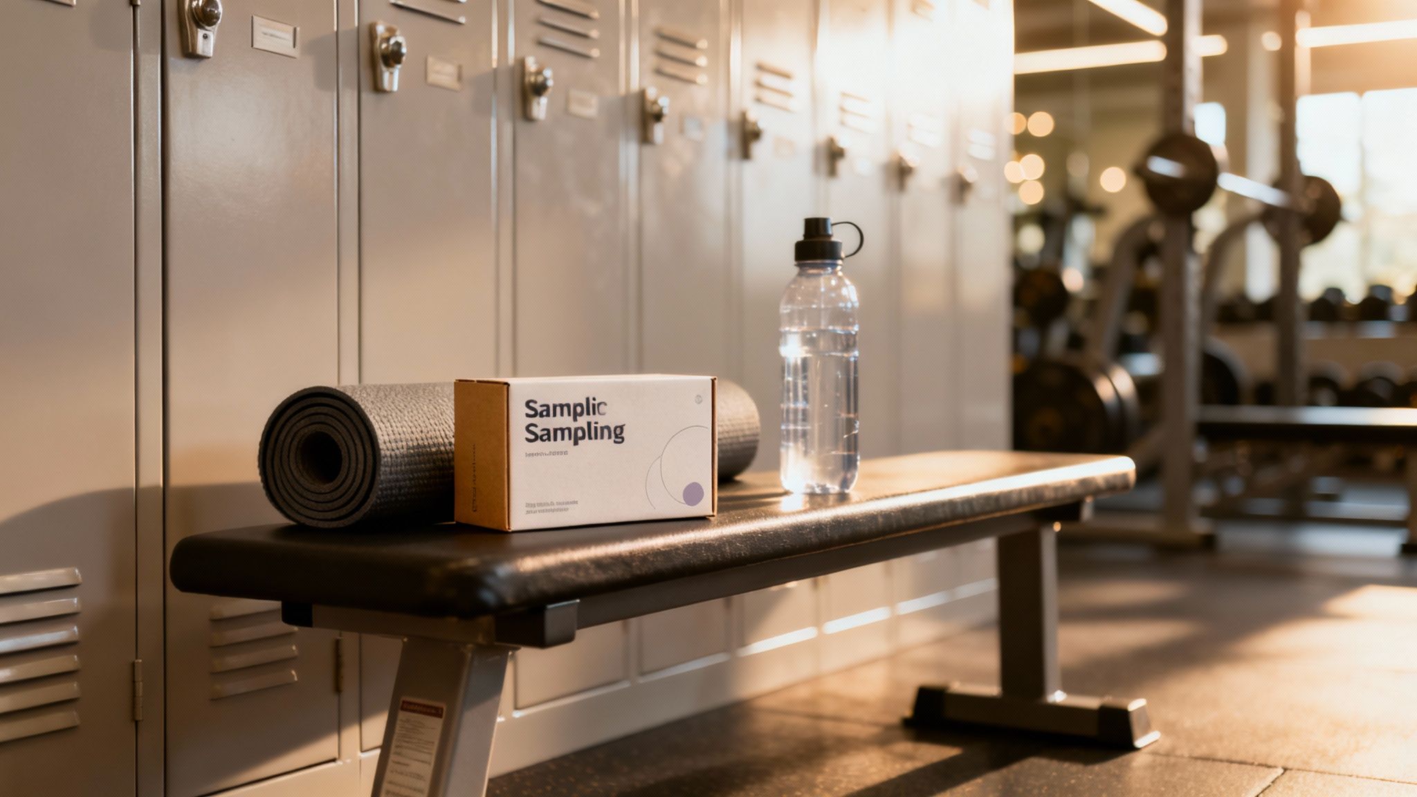 Caja de Samplic Sampling, esterilla de yoga y botella de agua en un banco de gimnasio con taquillas.
