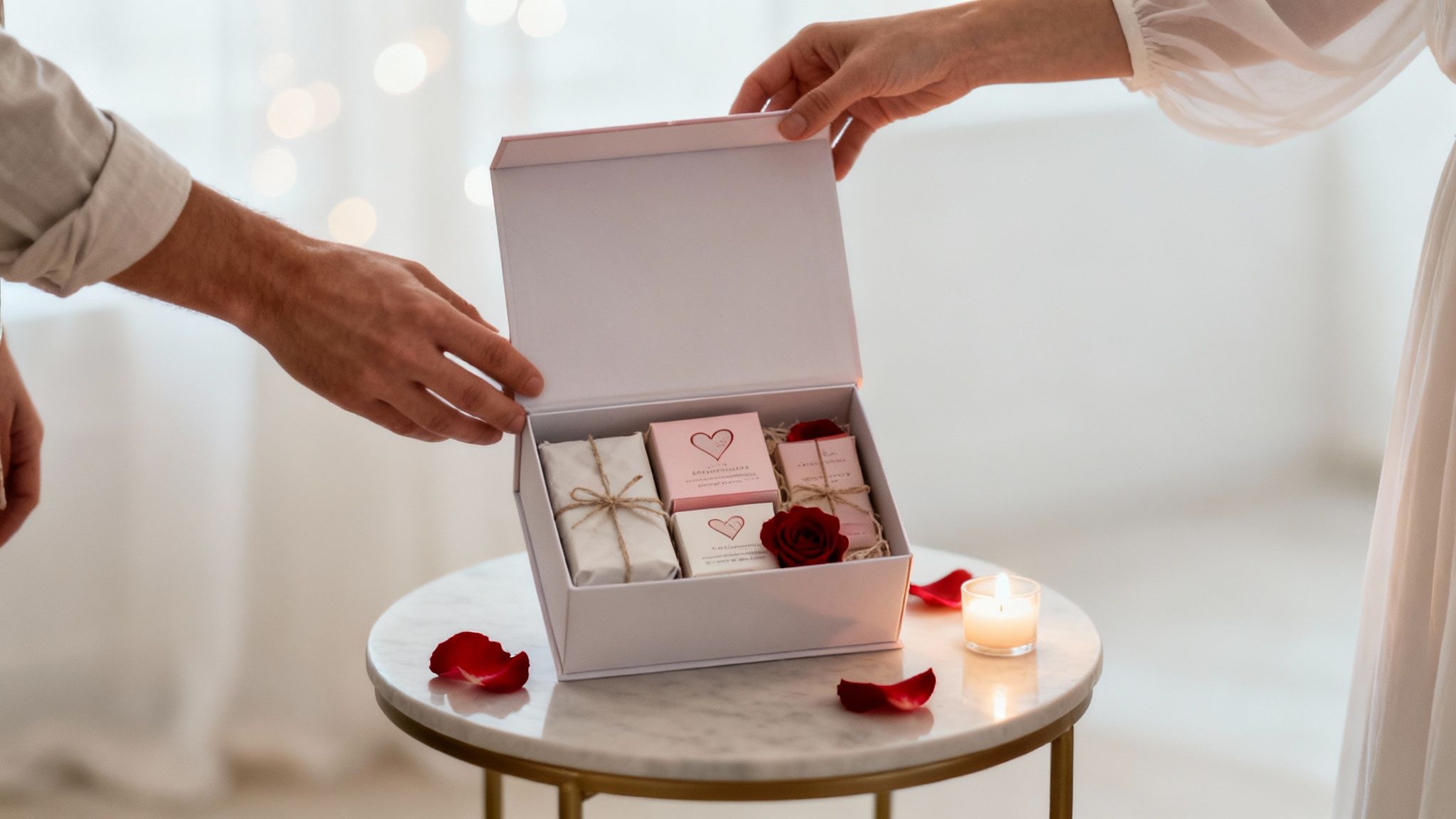 Manos presentan caja de regalo romántica con jabones, rosa roja, pétalos y vela en mesa.