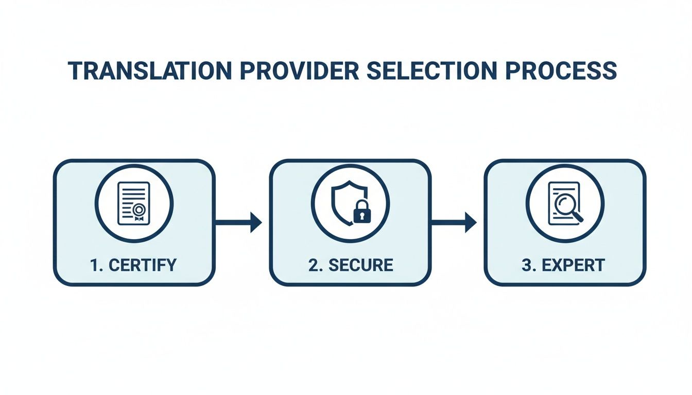 Infographic detailing a three-step translation provider selection process: certify, secure, expert.